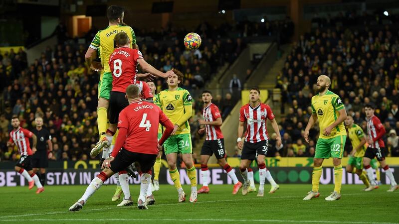 Grant Hanley climbs to give Norwich City the lead against Southampton. Photograph: Harriet Lander/Getty