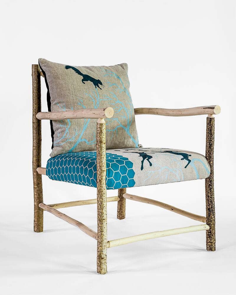 Four Seasons green wood chair by Alison Ospina with silk screen fabric by Anne Kiely, Photograph: Geoff Greenham