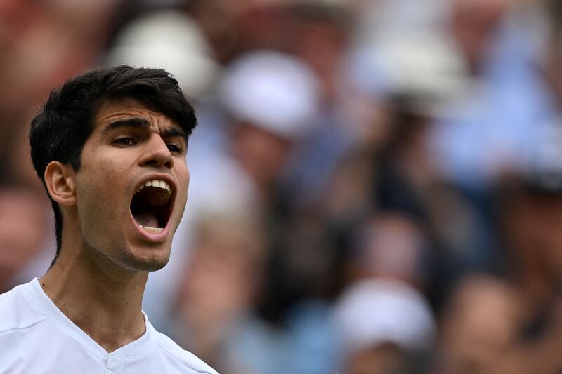 Spain's Carlos Alcaraz celebrates winning his Wimbledon semi-final against Russia's Daniil Medvedev. Photograph: Andrej Isakovic/AFP via Getty Images