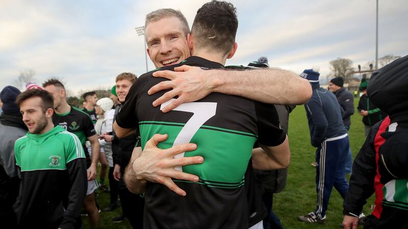 Jack Horgan and James McDermott of Nemo Rangers celebrate after the game. Photograph: Bryan Keane/Inpho