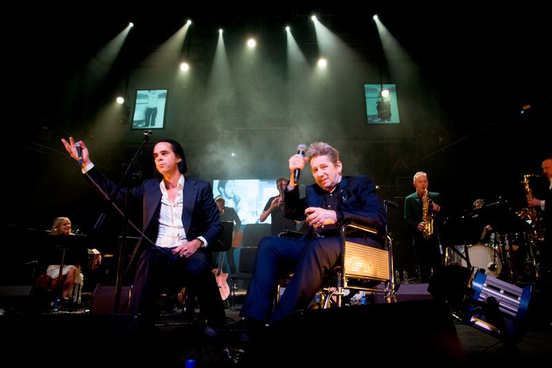 Shane MacGowan, on stage with Nick Cave, at his 60th birthday celebration at the National Concert Hall, Dublin, in January 2018. Photograph: Tom Honan