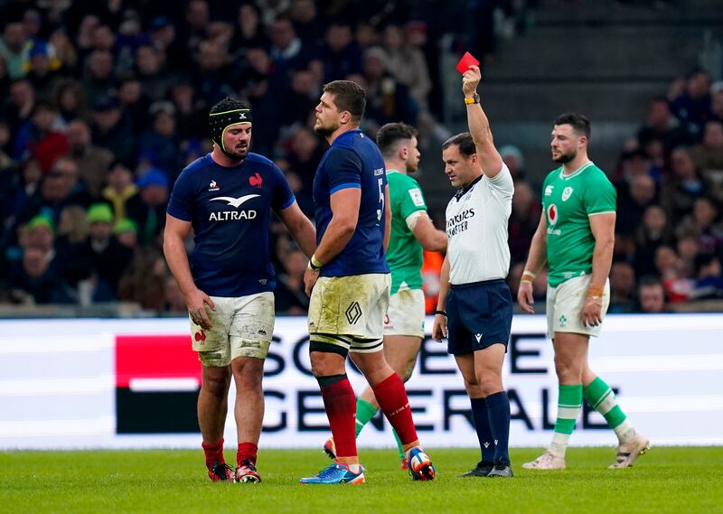 France's Paul Willemse is shown a red card during the defeat to Ireland. Photograph: Andrew Matthews/PA Wire