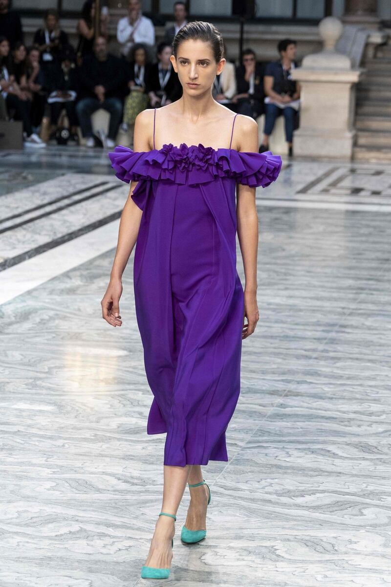 A model presents a creation from designer Victoria Beckham during the catwalk show. Photograph: Niklas Halle’n/AFP/Getty