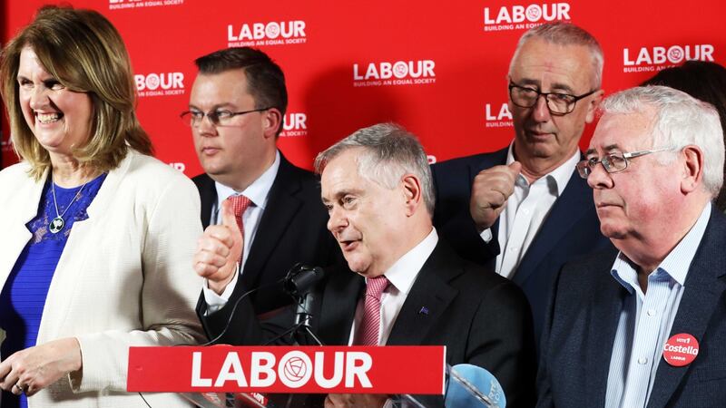 Labour Party leader Brendan Howlin flanked by Joan Burton and Joe Costello  at the party’s  manifesto launch in Dublin. Photograph: Leah Farrell