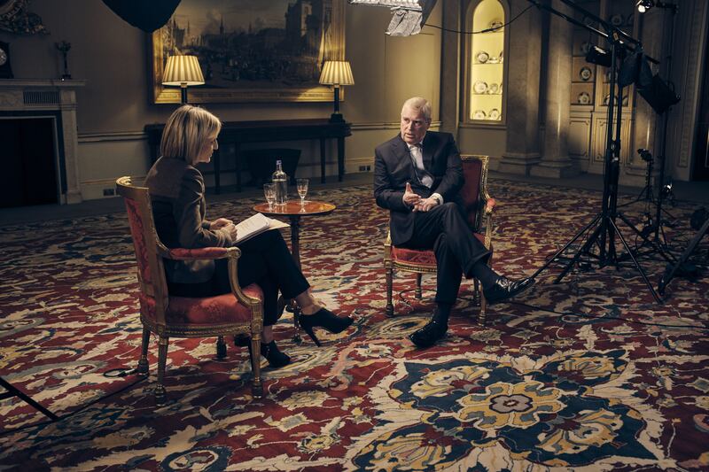 Prince Andrew speaking about his links to Jeffrey Epstein in an interview with BBC Newsnight's Emily Maitlis. Photograph: PA