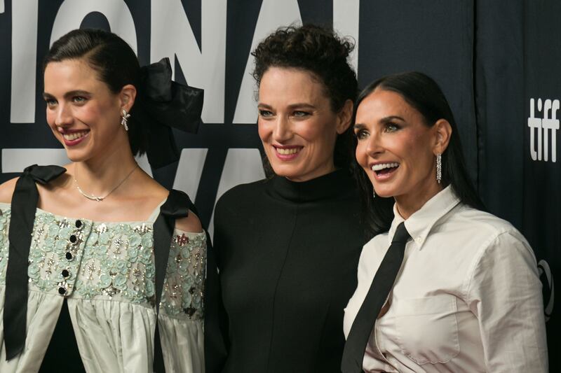 Coralie Fargeat (C) and Margaret Qualley (L) and Demi Moore arrive for the screening of The Substance during the 49th annual Toronto International Film Festival (TIFF), in Toronto. Photograph: Eduardo Lima/EPA