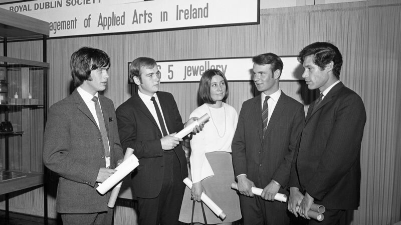 From left to right: James Kelly (1st prize in Jewellery), Jim Holohan (2nd prize in ‘Useful objects made in wood’), Brigitte Bette (2nd prize in Enamelling, Gold, Silver and Copper work), Michael Rafter (2nd prize in Metal and Wrought Ironwork) and Peter Donovan (1st prize in Enamelling, Gold, Silver and Copper Work) RDS Craft Awards, 1969. Photograph: Lensmen