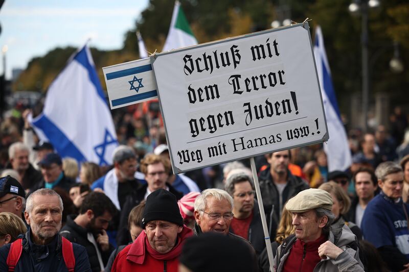 A placard reading 'Stop the terror against Jews! Away with Hamas' during a rally in solidarity with Israel in Berlin in October. Photograph: Clemens Bilan/EPA