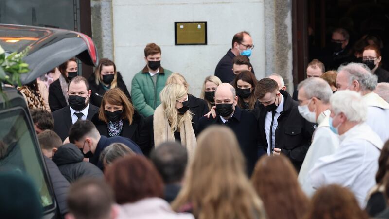 Ashling Murphy’s brother Cathal, mother Kathleen, sister Amy, father Raymond and boyfriend Ryan, following her funeral Mass  at St Brigid’s Church, Mountbolus, Co Offaly. Photograph: Dara Mac Dónaill
