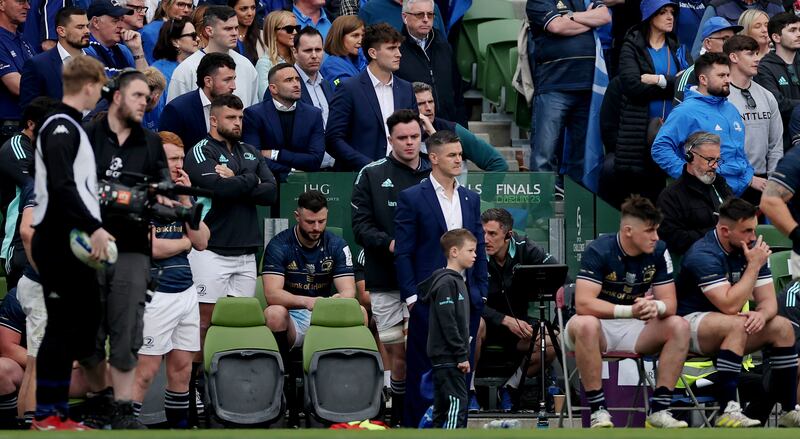 Leinster vs La Rochelle Heineken Champions Cup Final. Robbie Henshaw, Johnny Sexton, James Ryan, Dan Sheehan and Ronan Kelleher dejected after the game. Photograph: James Crombie/Inpho