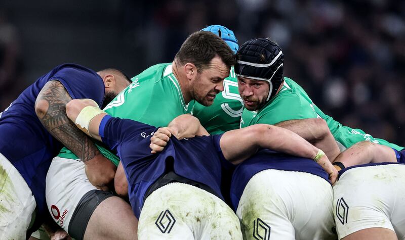 Ireland’s Cian Healy and Caelan Doris in action against France. Photograph: Dan Sheridan/Inpho