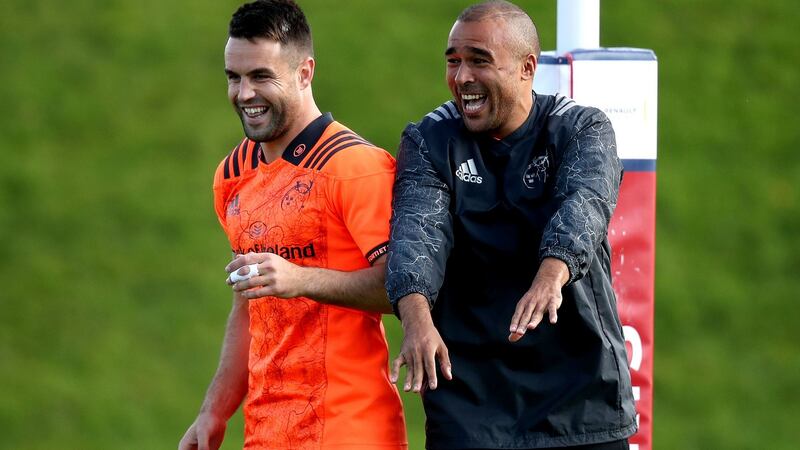 Conor Murray and Simon Zebo share a joke during training this week. Photograph: Bryan Keane/Inpho