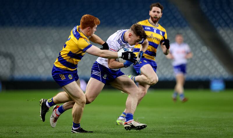 Monaghan’s Michael Bannigan in action against Roscommon's Colm Neary. Photograph: Ryan Byrne/Inpho