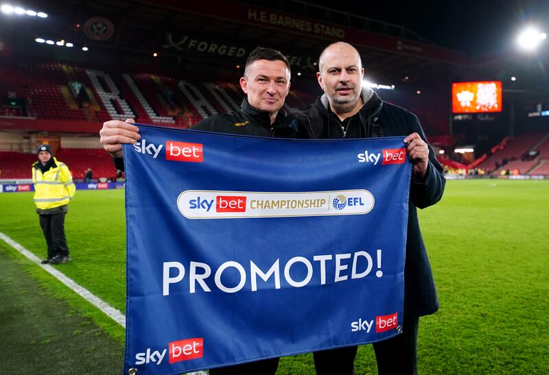 Sheffield United then manager Paul Heckingbottom and club majority owner Prince Abdullah Bin Mosaad Bin Abdulaziz Al-Saud celebrate promotion to the Premier League in April 2023. Photograph: PA