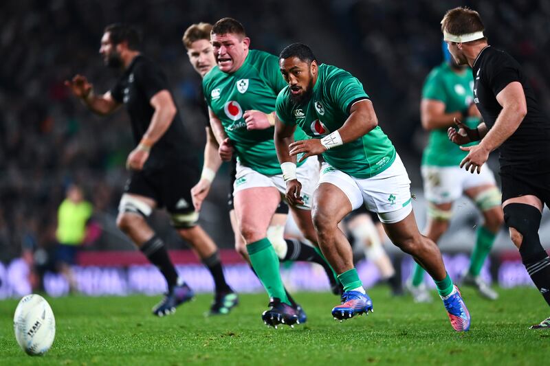 Bundee Aki's return to New Zealand is particularly poignant given his mother had never seen him play for Ireland before this tour. Photograph: Hannah Peters/Getty Images
