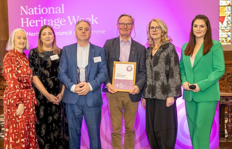 Kara Ward, Deaglan O’Doibhin and Brian MacDomhnaill, representing Monaghan County Council, are presented with the Irish Language Award
