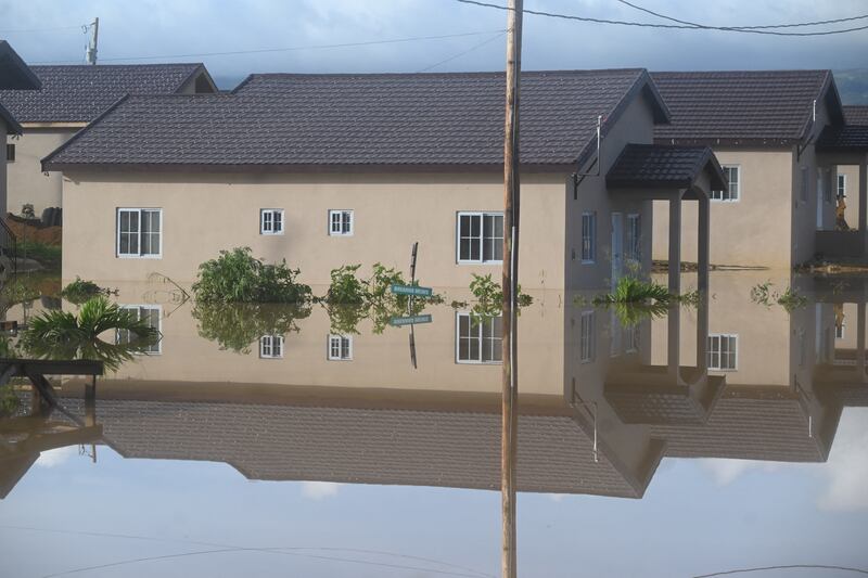 Flooded homes after the passage of Hurricane Melissa in Howard Acres neighbourhood in St Elizabeth, Jamaica, on Wednesday. Photograph:  Ricardo Makyn/AFP via Getty Images