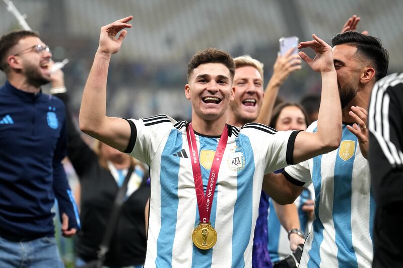 Manchester City's Julián Álvarez celebrates Argentina's victory over France in the World Cup Final last Sunday. Photograph: Martin Rickett/PA Wire