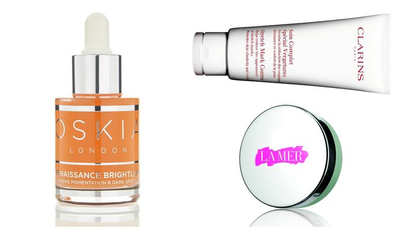 Oskia Renaissance Brightlight Serum (€120); Clarins Stretch Mark Cream (€46); La Mer Breast Cancer Awareness Lip Balm (€60)