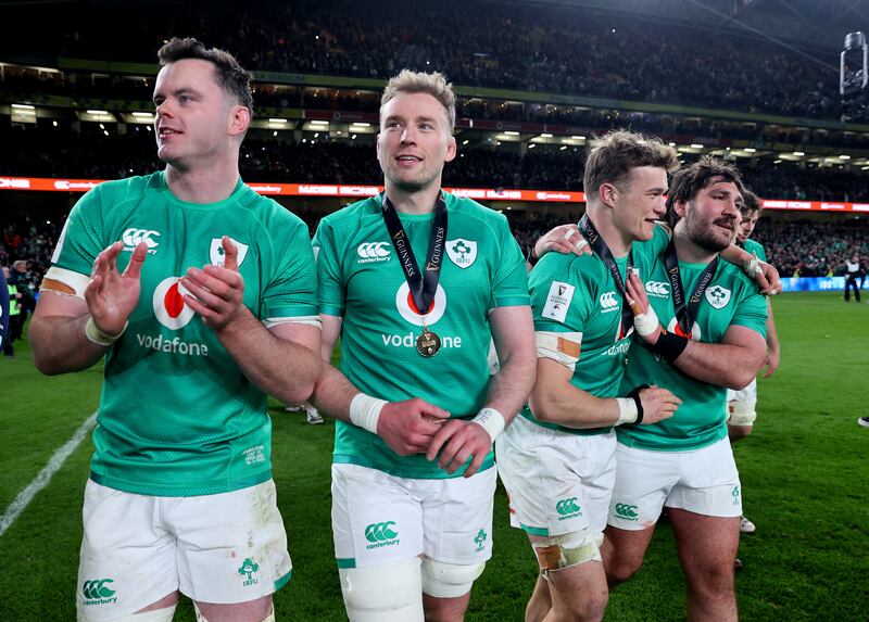 Ireland’s James Ryan, Kieran Treadwell, Josh van der Flier and Tom O’Toole after the Grand Slam victory over England at the Aviva Stadium. Photograph: Billy Stickland/Inpho