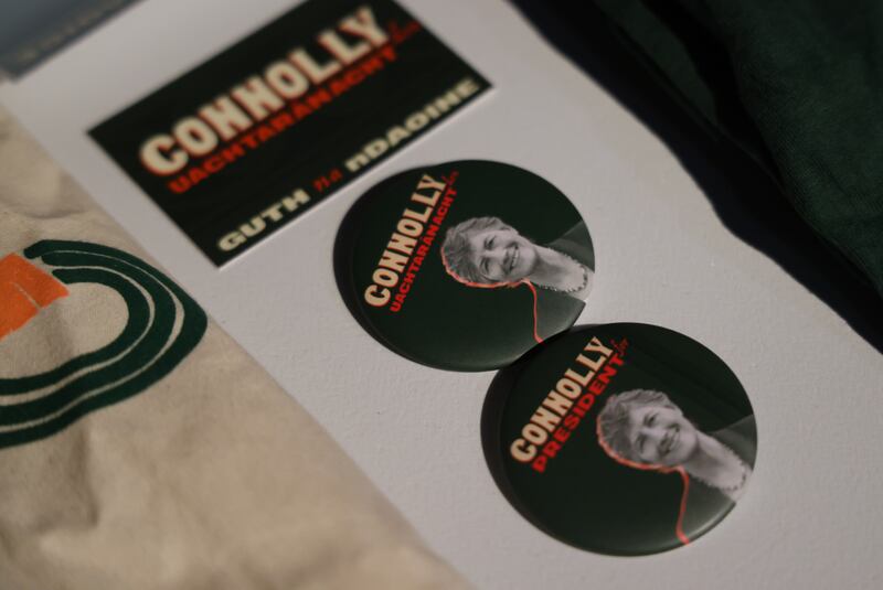Catherine Connolly  merchandise at the launch of her presidential campaign. Photograph: Bryan O’Brien