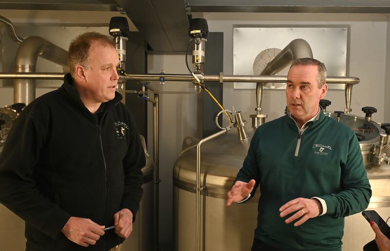 Chief executive of Belfast Distillery Company John Kelly and McConnell's Irish Whiskey master distiller Graeme Millar