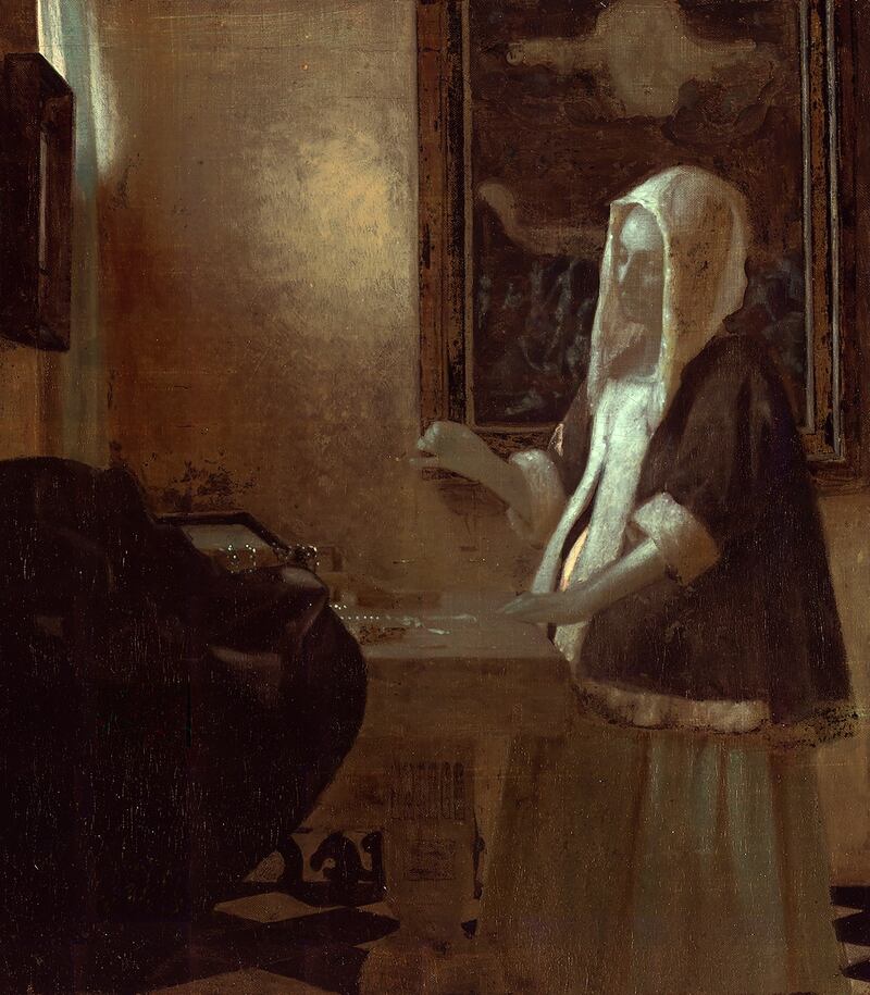 In a photo provided by National Gallery of Art, a false-colour image highlighted rougher brush strokes in the lower layers of paint, especially on the back wall and around the woman’s face.  Photograph: National Gallery of Art via The New York Times