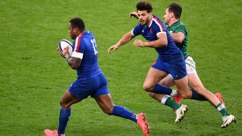 France’s centre Virimi Vakatawa scores from Romain Ntamack’s pass in Paris. Photograph: Franck Fife/Getty/AFP