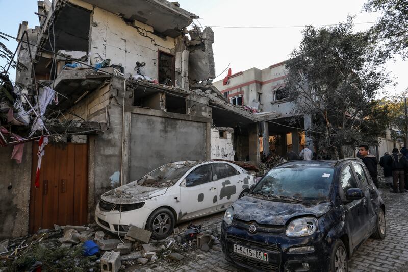 Buildings, vehicles and surrounding structures damaged by the Israeli army in the Jeneenah neighborhood of Rafah, Gaza. Photograph: Abed Rahim Khatib/Anadolu via Getty Images