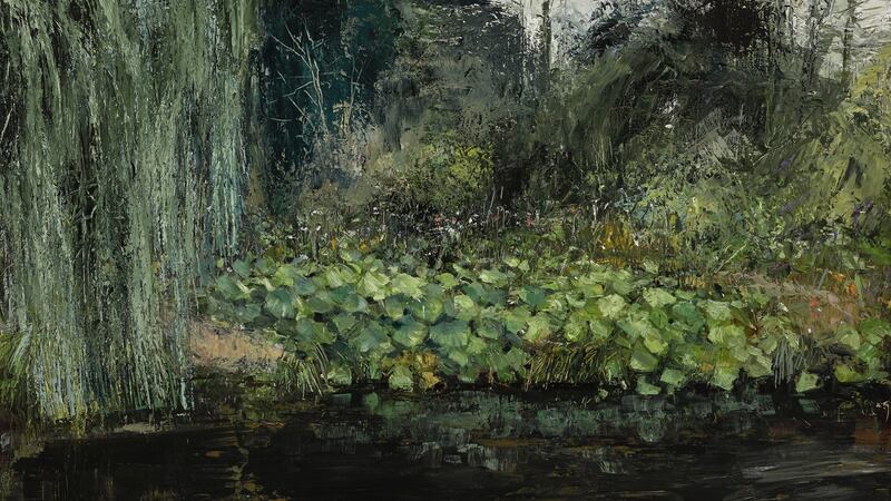 Donald Teskey RHA, Riverbank and Willow (2018, Oil on canvas, 100 x 120cm). Image courtesy of the artist