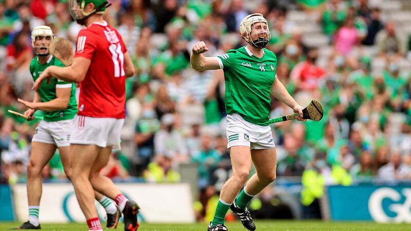 Cian Lynch celebrates after scoring a point during Limerick’s win over Cork at Croke Park. Photograph: James Crombie/Inpho