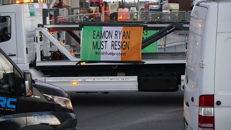 The protesters’ demands include price caps on fuel, the scrapping of the carbon tax and the resignation of Minister for Transport Eamon Ryan. Photograph: Niall Carson/PA Wire