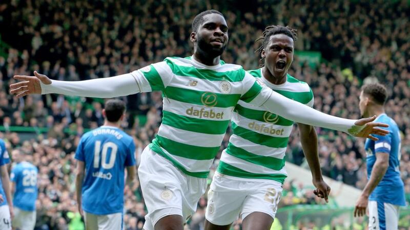 Odsonne Edouard celebrates scoring Celtic’s opener against Rangers. Photograph: Jane Barlow/PA