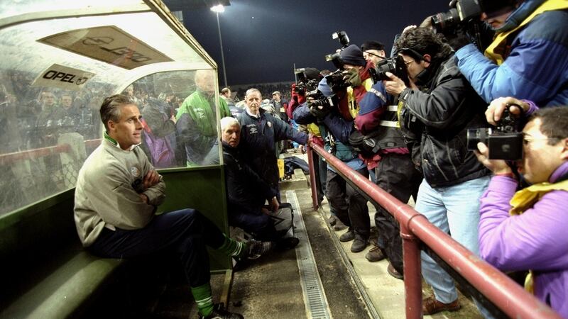 Mick McCarthy before the international friendly match against Russia at Lansdowne Road in Dublin, 1996. Photograph:  Billy Stickland /Allsport