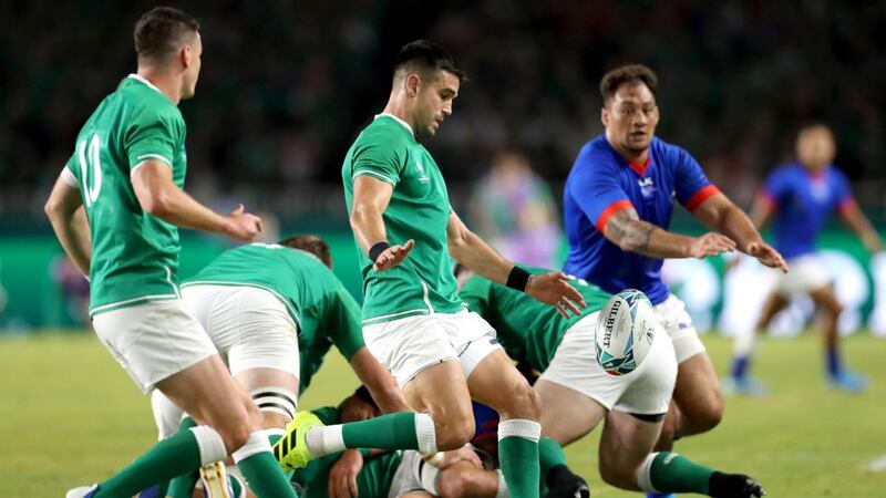 Conor Murray boxkicks during Ireland’s comfortable win over Samoa. Photograph: Michael Steele/Getty