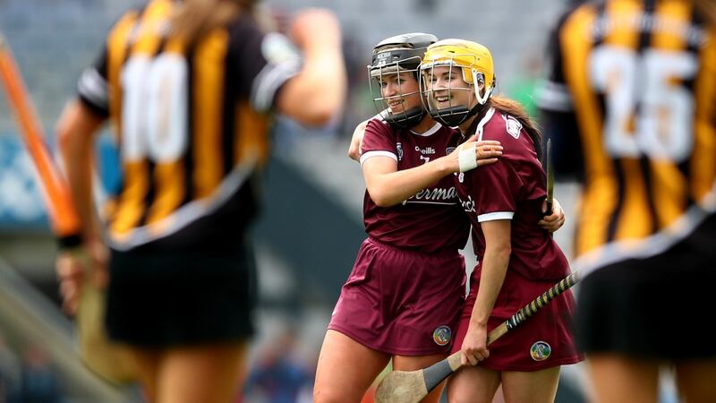 Galway’s Lorraine Ryan and Anne Marie Starr celebrate their win over Kilkenny at Croke Pak. Photograph: James Crombie/Inpho