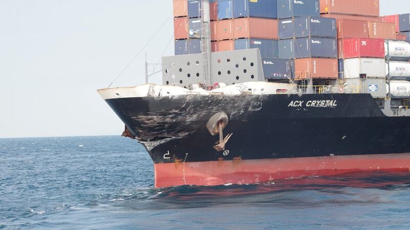 Philippine-flagged merchant vessel ‘Acx Crystal’, damaged after colliding with a US destroyer. Photograph: Reuters