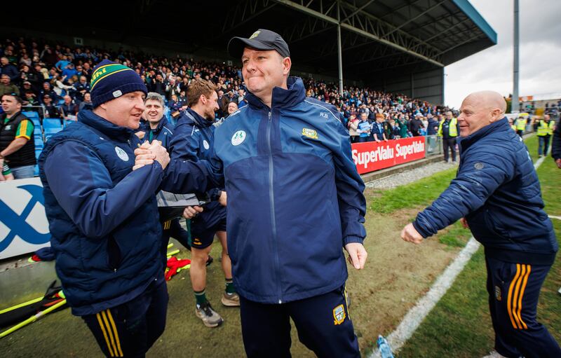 Meath manager Robbie Brennan (centre) celebrates his team's victory against Dublin in the Leinster SFC semi-final in Portlaoise. Photograph: Ryan Byrne/Inpho