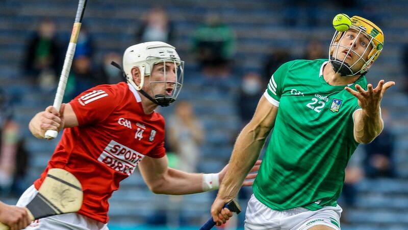 Limerick’s Dan Morrissey and Patrick Horgan of Cork in action during the Munster semi-final. Photograph: Lorraine O’Sullivan/Inpho