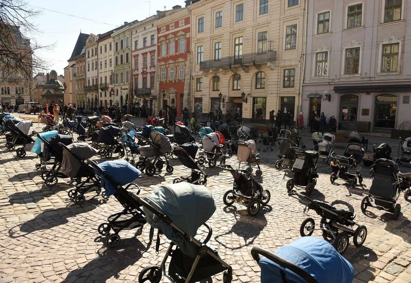 Empty strollers are seen placed outside Lviv city council to highlight the number of children killed in Russia’s invasion of Ukraine. Photograph: Yuriy Dyachyshyn/AFP via Getty