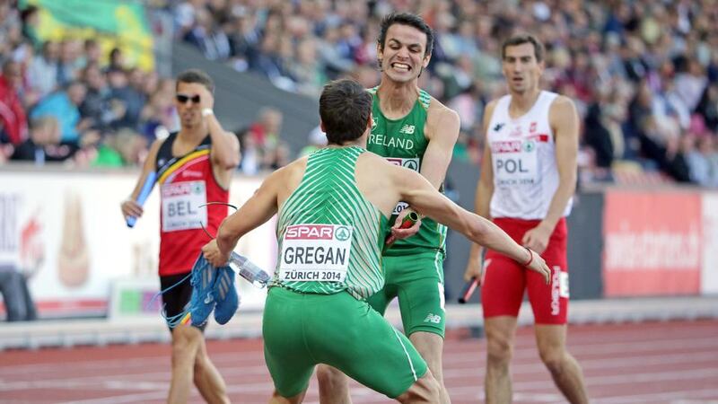 Ireland’s Thomas Barr celebrates with Brian Gregan after setting a new national record and qualifying for Sunday’s 4x400m final.  Photograph: Morgan Treacy / Inpho
