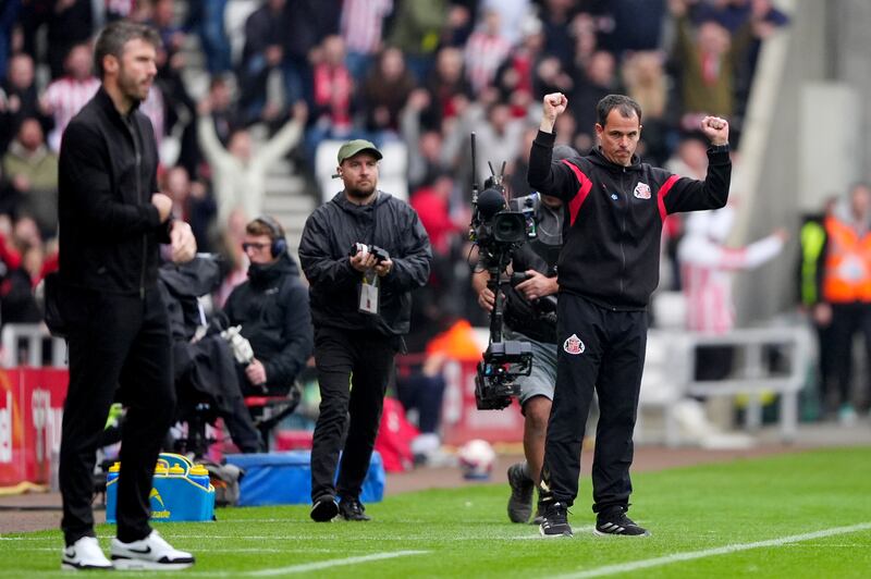 Sunderland manager Regis Le Bris celebrates after the final whistle at the Stadium of Light against Middlesbrough. Photograph: Owen Humphreys/PA 