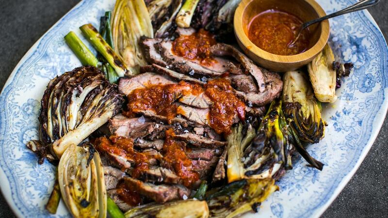 Orange harissa yoghurt barbecue lamb with charred greens