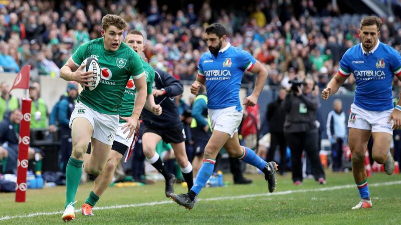 Garry Ringrose scores Ireland’s seventh try in the game against Italy at Soldier Field in Chicago. Photograph: Dan Sheridan/Inpho