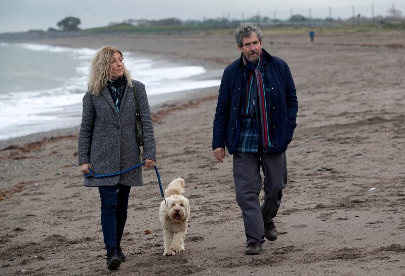 Charlie Bird, his wife Claire Mould and their dog Tiger in Greystones, Co Wicklow in 2022. Photograph: Colin Keegan/Collins Dublin
