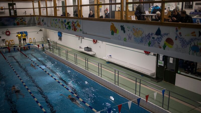 A swimming class at the indoor pool in Kauniainen, Finland. Photograph: Lena Mucha/The New York Times