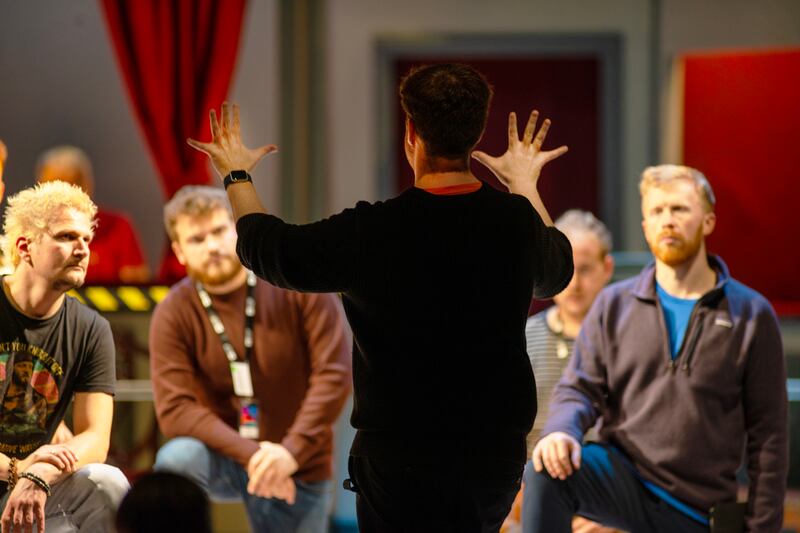 Director Conor Hanratty in rehearsals for The Critic with (left to right) Gyula Nagy, Christian Loizou, Michael Ferguson and Rory Lynch. Photograph: Padraig Grant 
