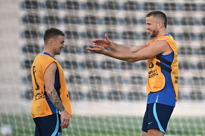 England defenders Kieran Trippier (left) and Eric Dier in training ahead of the Group B opener against Iran. Photograph: Getty Images