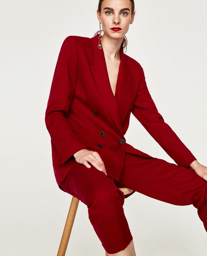Red trouser suit from Zara:  jacket €69.95 and trousers 39.95.