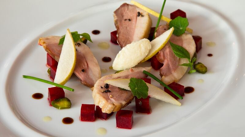 Salad of award winning Ummera smoked Silver Hill duck breast with beetroot and horseradish, on the menu at the Irish Food Writers’ Guild Awards. Photograph:  Paul Sherwood